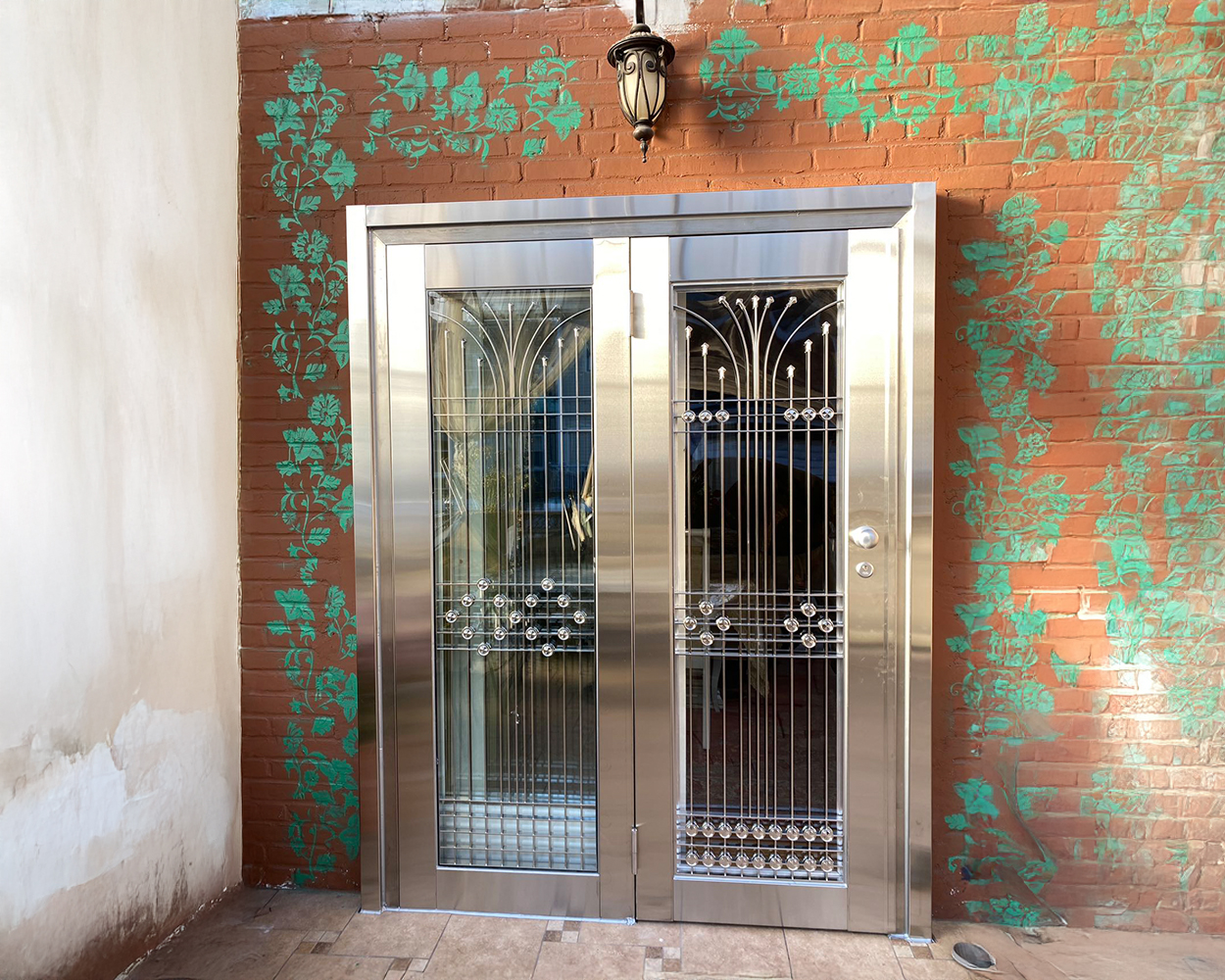 Custom Stainless Steel Security Entry Door with Decorative Grille & Optional Door Canopy